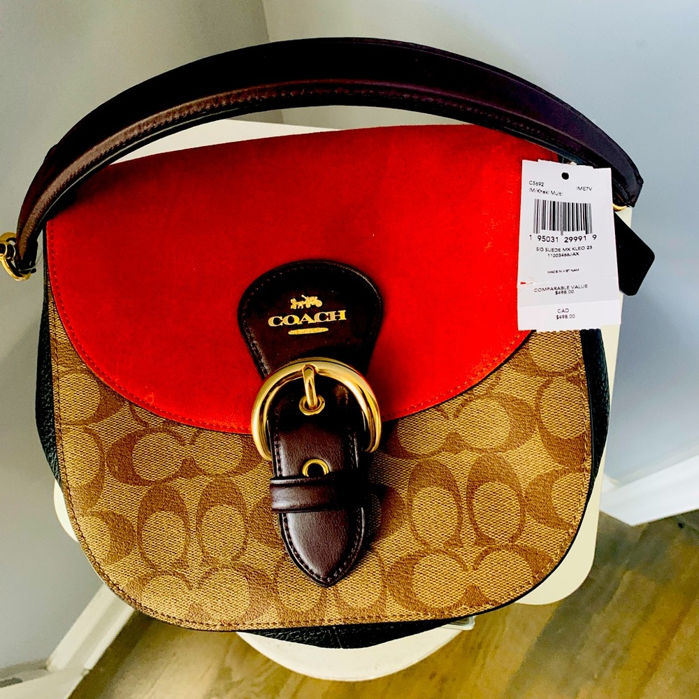 NEW Coach Kleo Shoulder Bag 23" Signature Canvas C5692 Khaki/Multi (RETAIL $498)